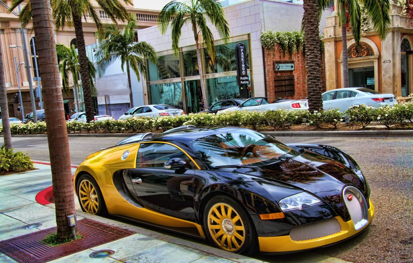 Photo wallpaper Bugatti, Veyron, supercar, Black, Street, Yellow
