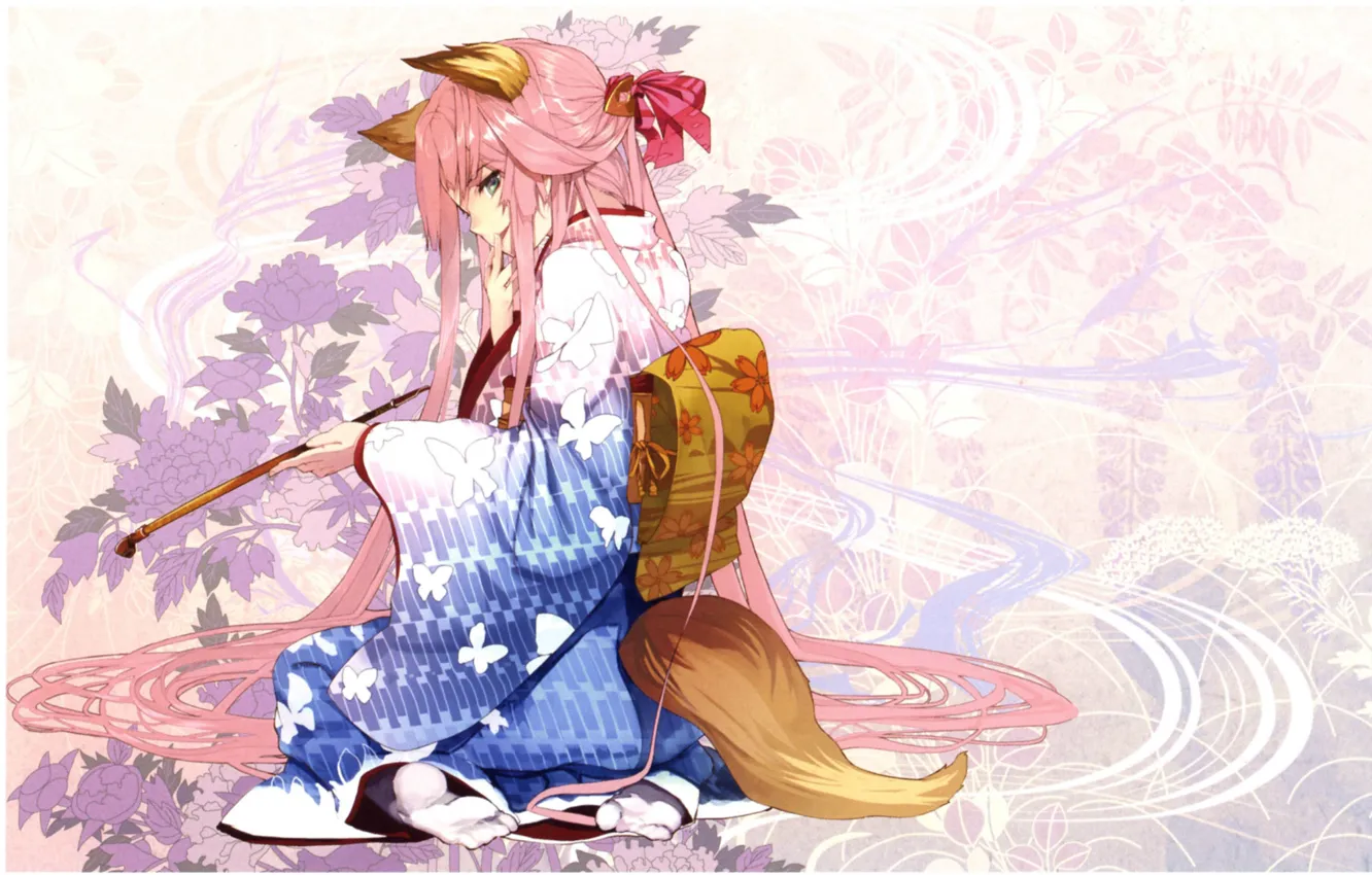 Wallpaper flowers, pattern, girl, tail, kimono, sitting, ears, art, pink  hair, Pochiharu, fox girl images for desktop, section прочее - download