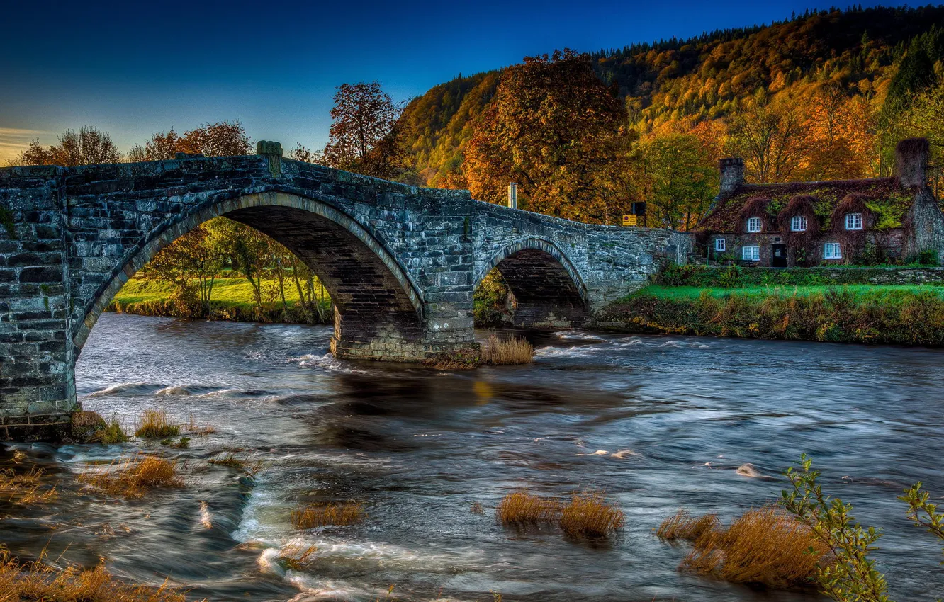 Photo wallpaper autumn, forest, bridge, nature, house, river