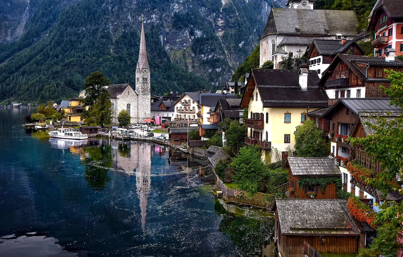 Photo wallpaper mountains, lake, home, Austria, Alps, Austria, Hallstatt, Alps, Lake Hallstatt, Hallstatt, Lake Hallstatt