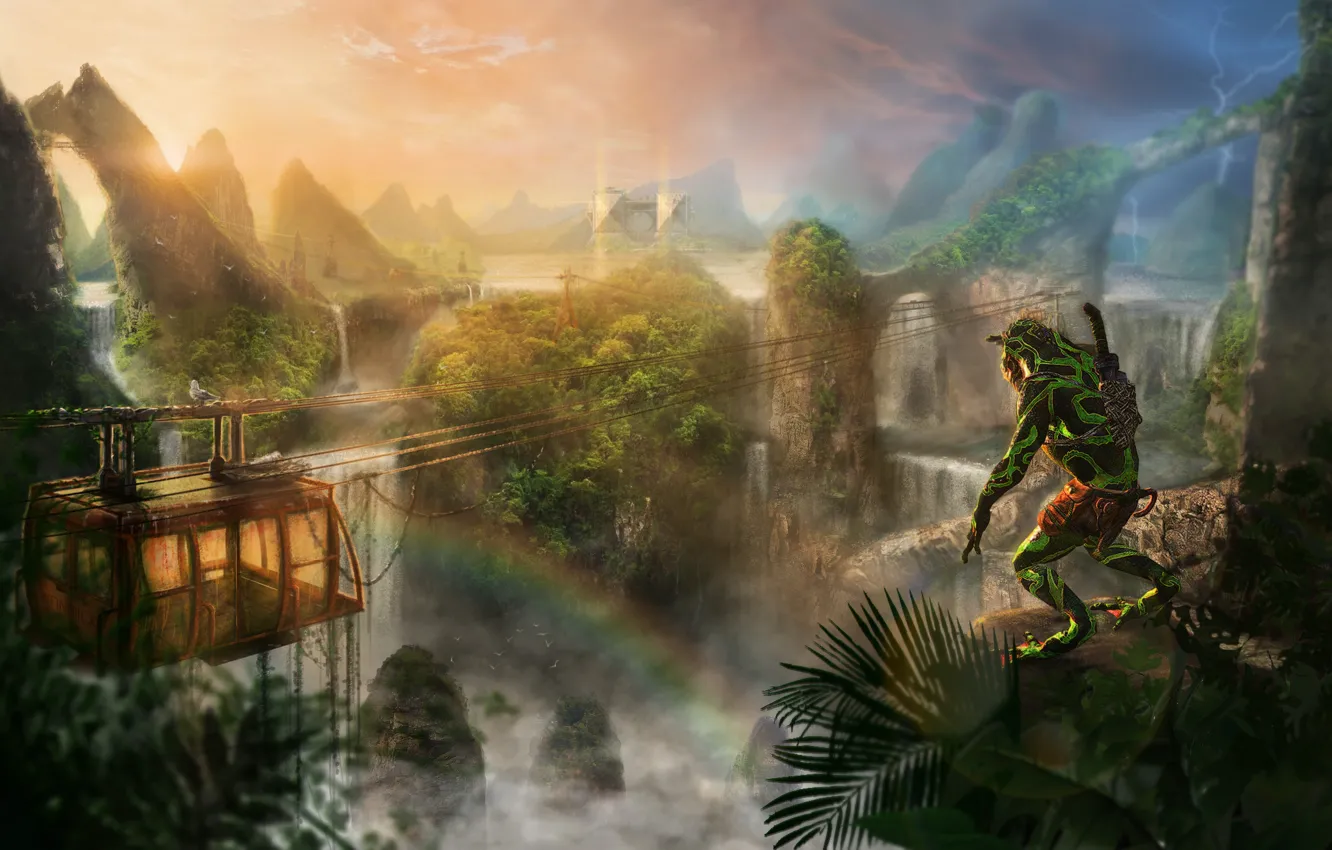 Photo wallpaper mountains, rainbow, being, art, ruins, waterfalls, lift, the funicular