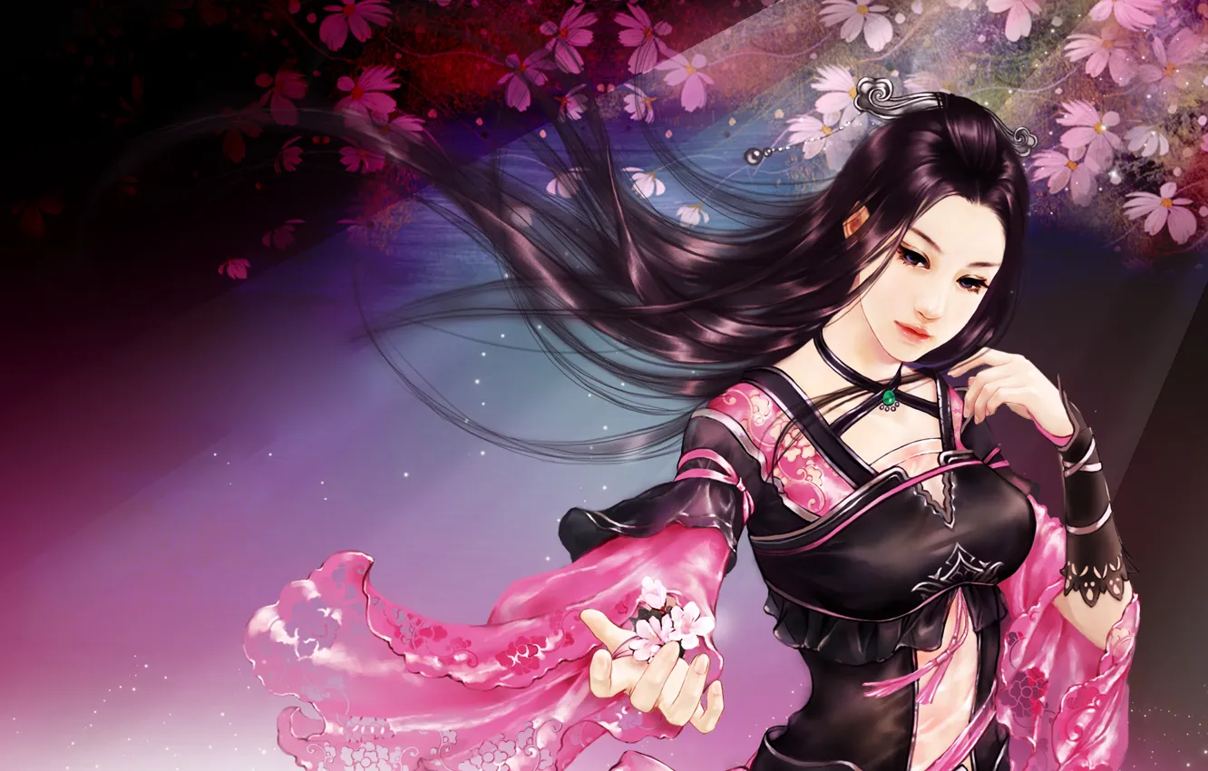 Photo wallpaper girl, petals, Sakura, art, Asian, flowers, zhang xiao bai
