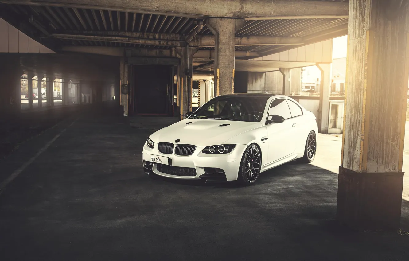Photo wallpaper white, BMW, BMW, white, front, E92, concrete supports