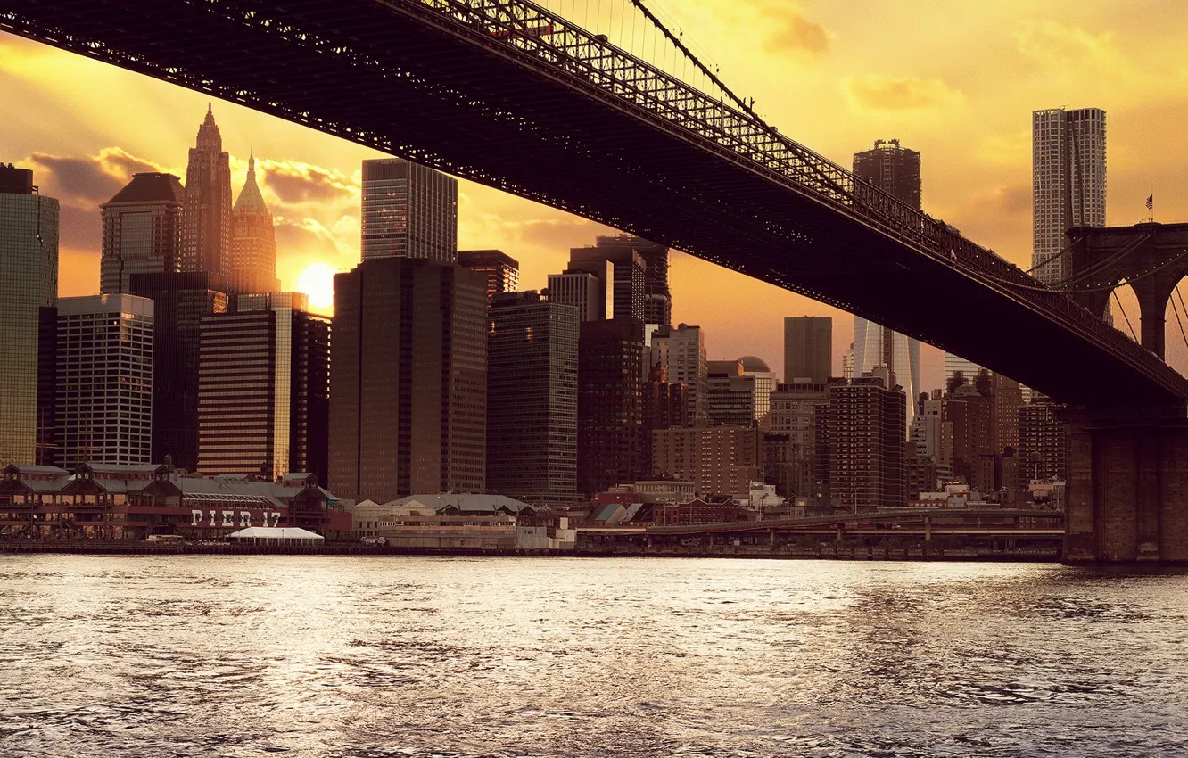 Photo wallpaper the sun, sunset, building, new York, new york, Brooklyn bridge, brooklyn bridge