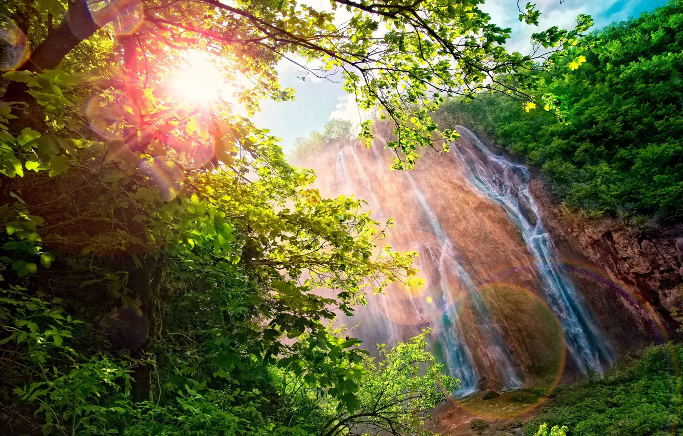 Wallpaper the sun, landscape, mountains, nature, glare, waterfall, rainbow,  range, dazzling, Waterfall images for desktop, section пейзажи - download