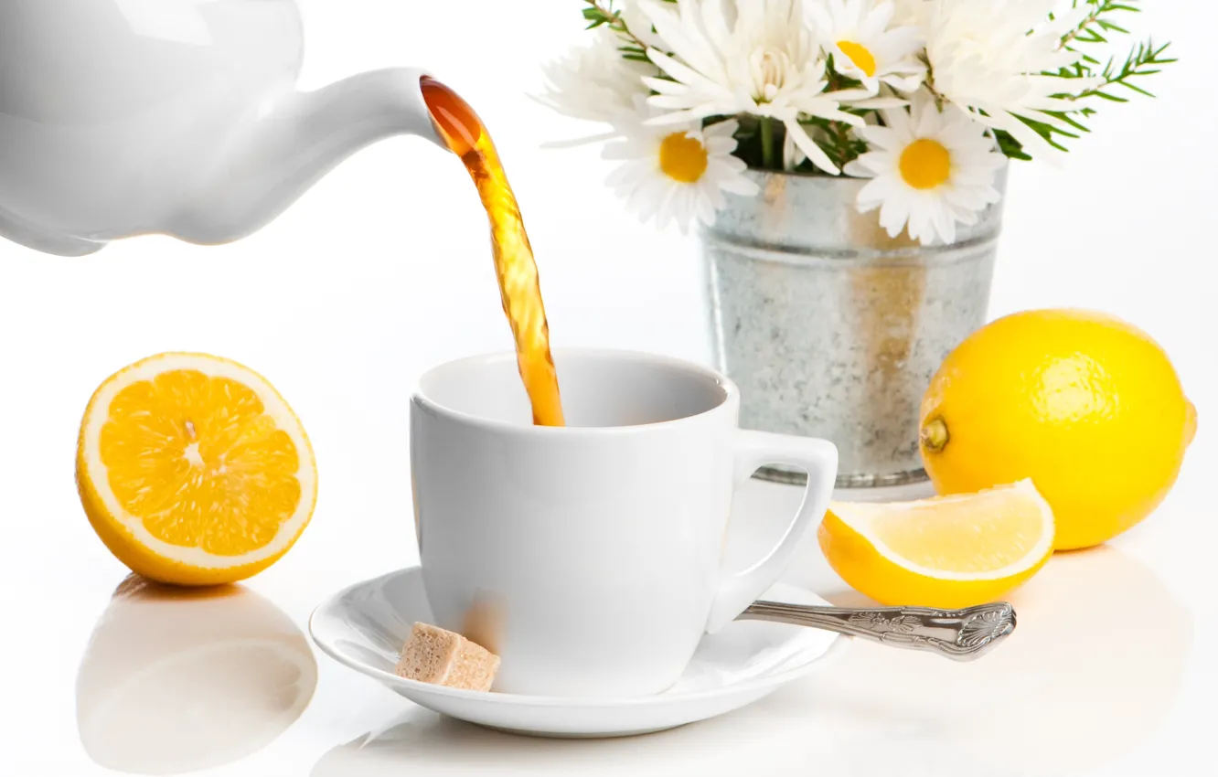 Photo wallpaper flowers, lemon, tea, chamomile, Cup, sugar, drink, spoon, saucer, teapot, bucket
