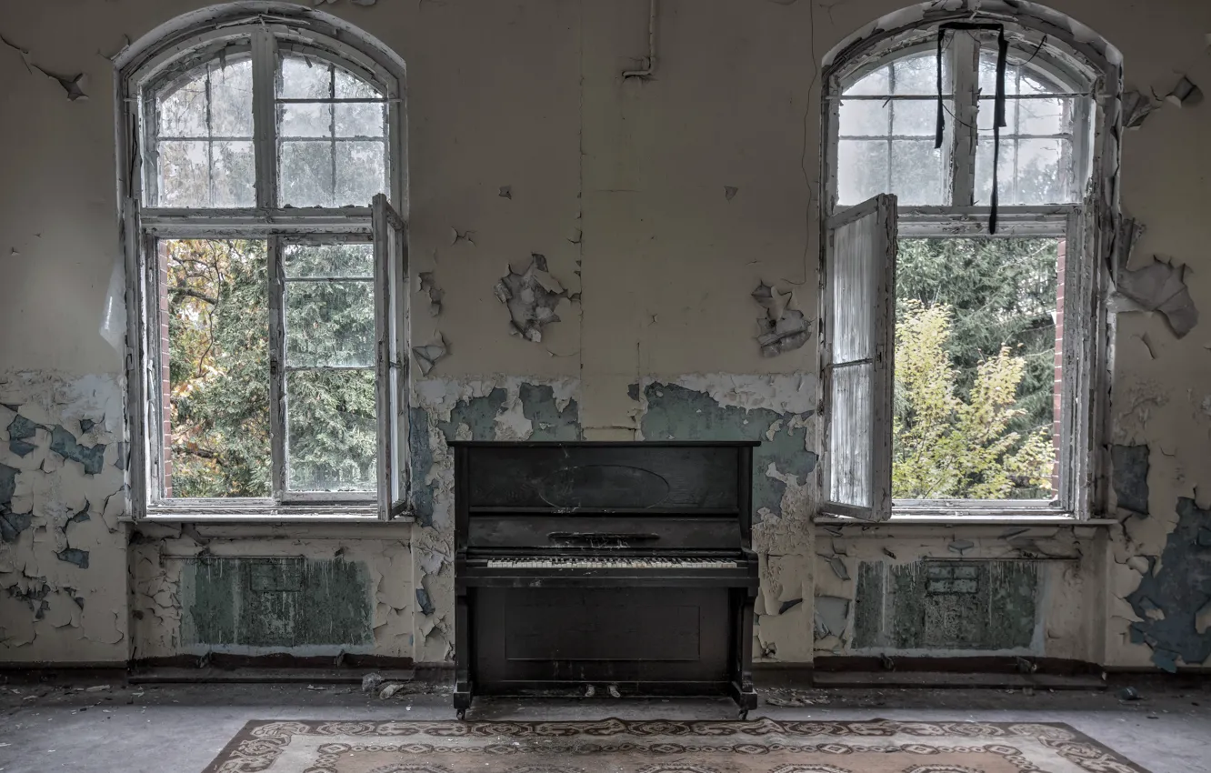 Photo wallpaper room, Windows, piano
