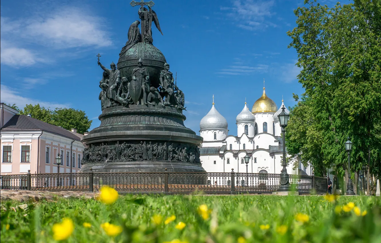 Photo wallpaper temple, Russia, monument, Saint Sophia Cathedral, Veliky Novgorod, The Monument To The Millennium Of Russia