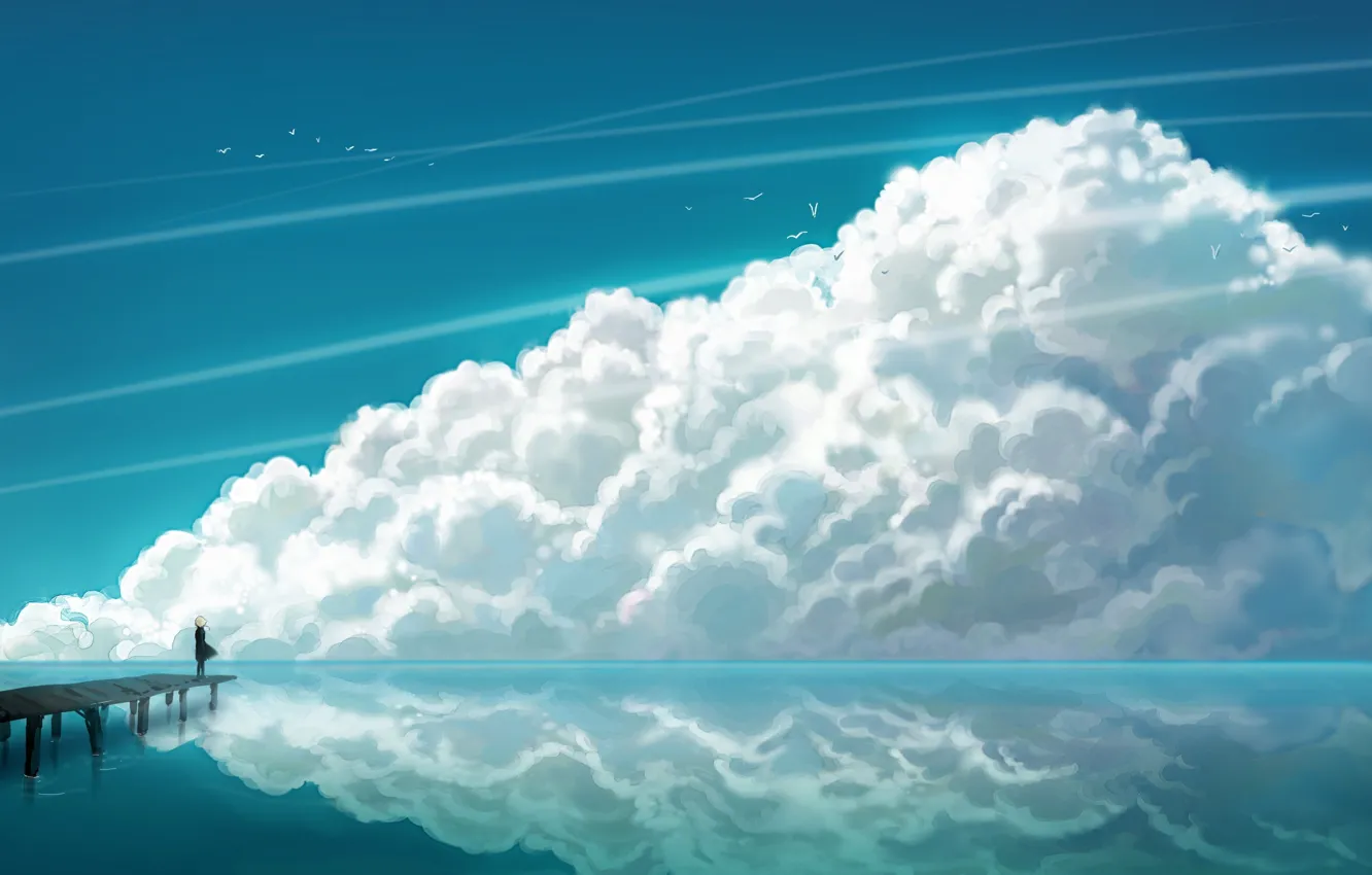 Photo wallpaper sea, clouds, seagulls, anime, girl