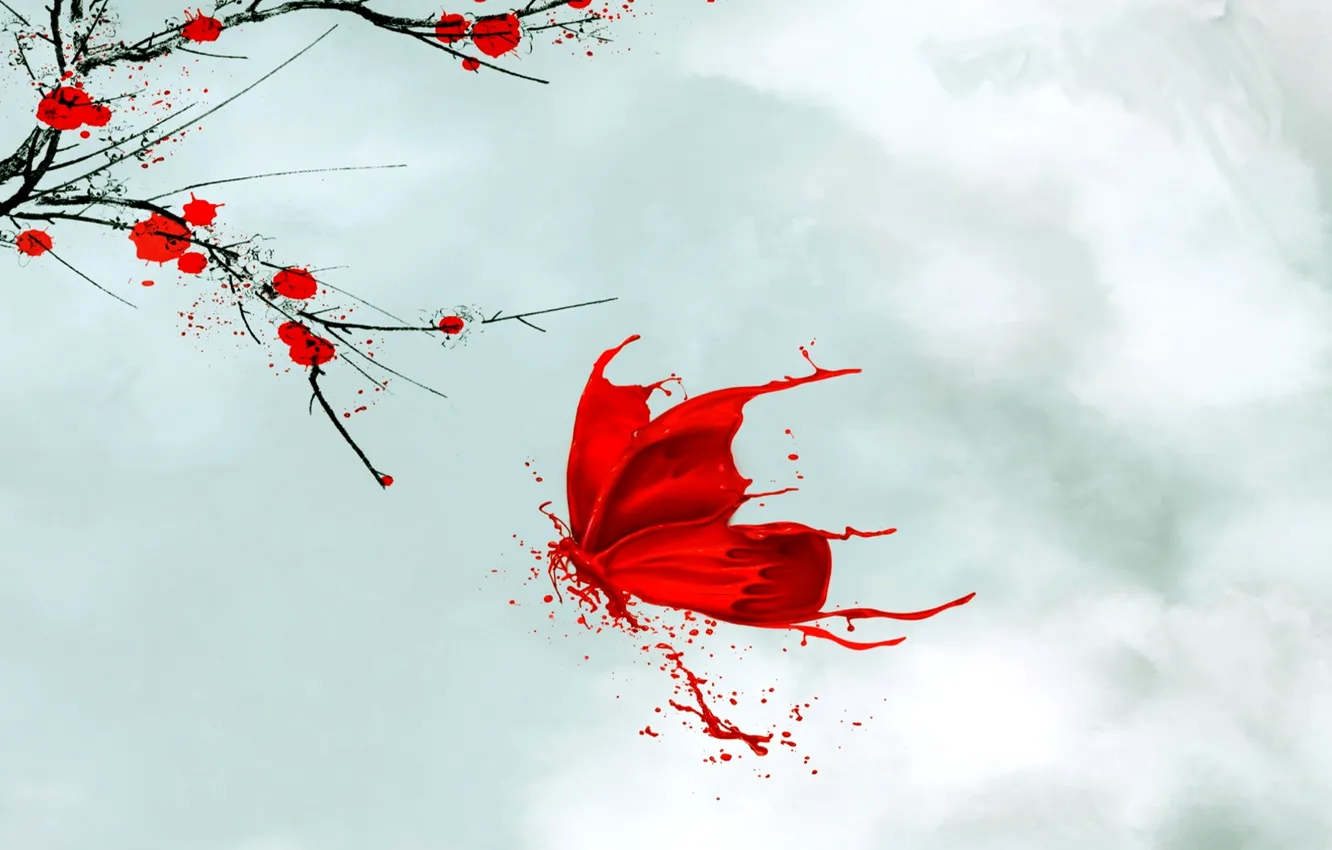 Photo wallpaper the sky, clouds, butterfly, paint, branch