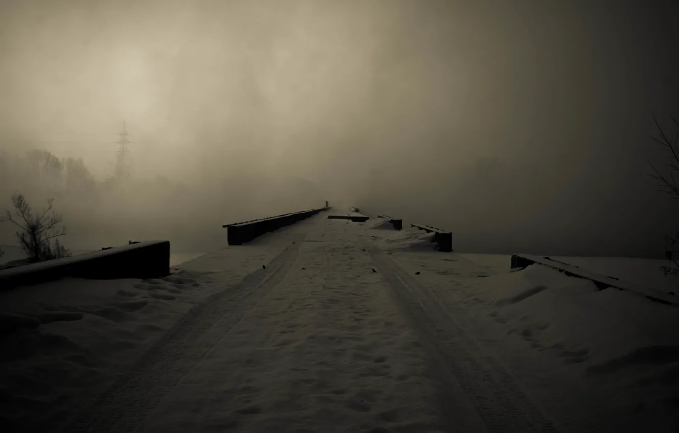 Photo wallpaper winter, snow, bridge, fog, river, gloom