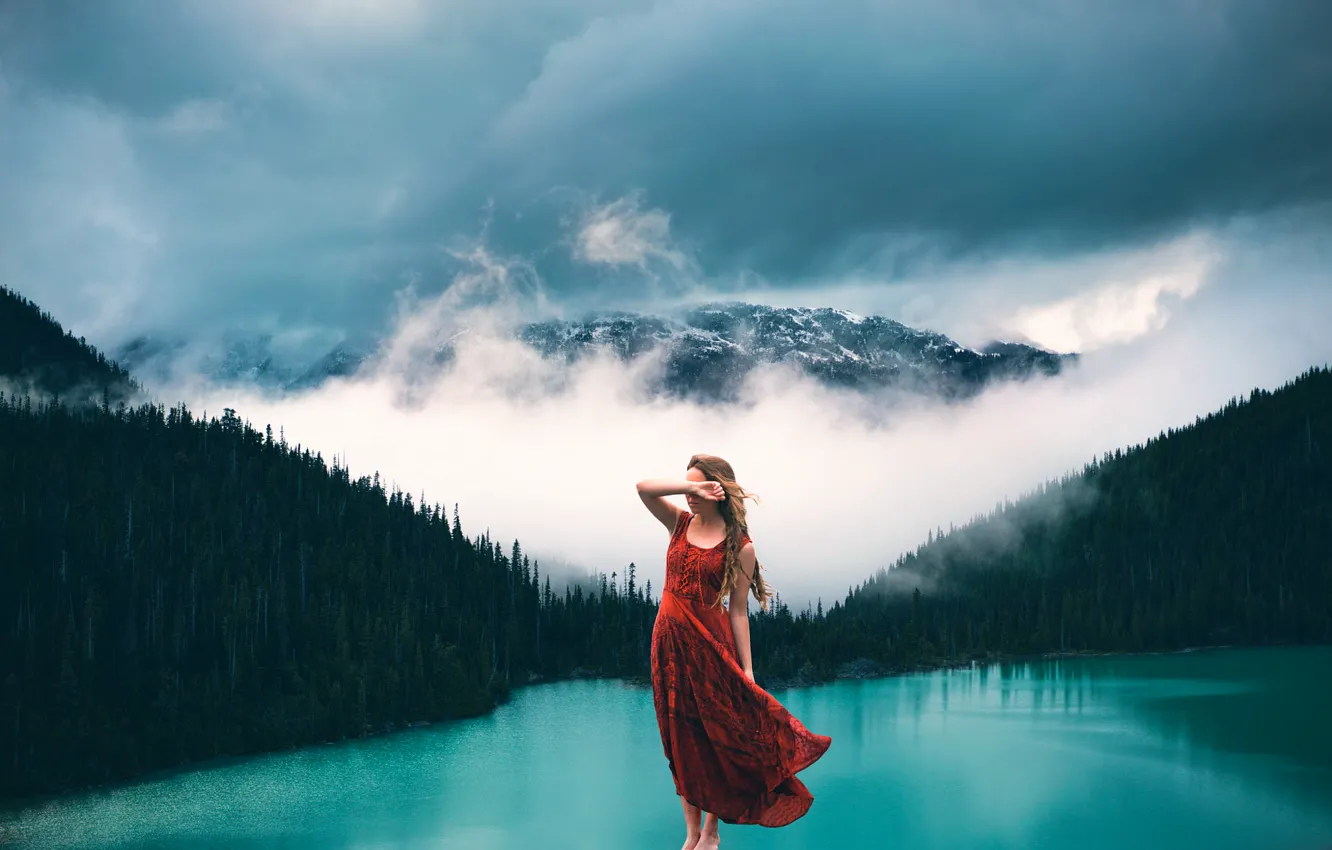 Photo wallpaper forest, girl, fog, lake, stone, mountain, Lizzy Gadd, Breathing