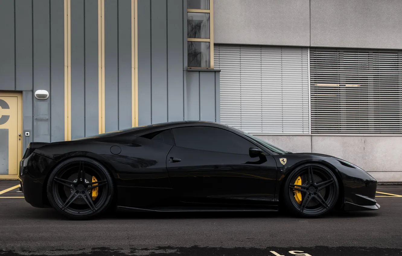 Photo wallpaper black, the building, Windows, profile, wheels, ferrari, Ferrari, drives, black, Italy, 458 italia, tinted