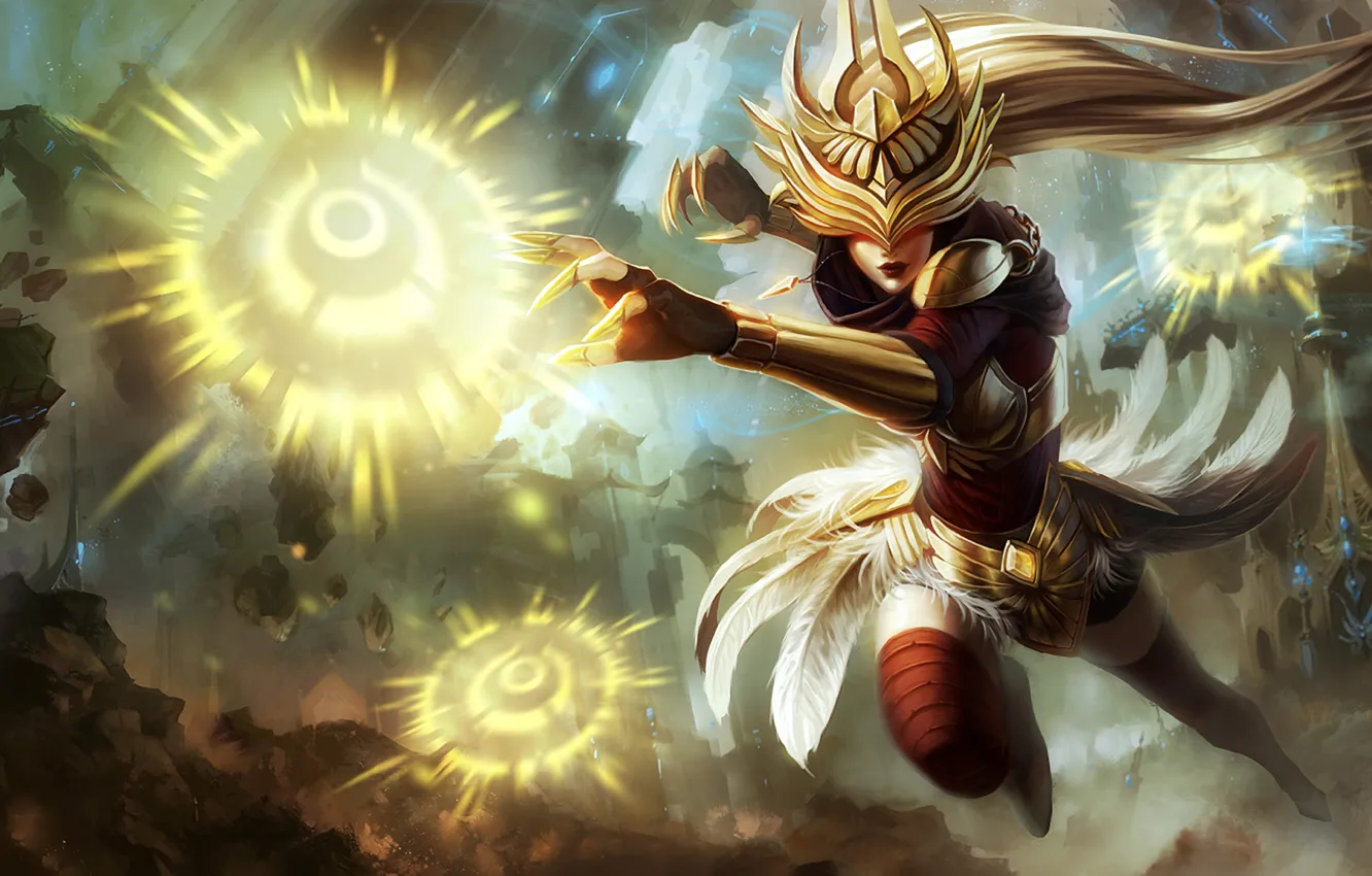 Photo wallpaper girl, the city, magic, explosions, armor, feathers, League of Legends, LoL, Syndra