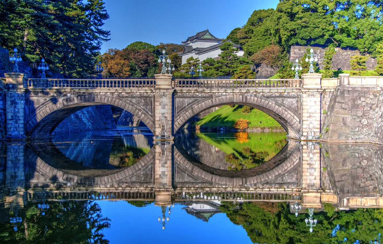 Photo wallpaper water, bridge, reflection, Japan, Tokyo, Tokyo, Japan, Palace, ditch, Bridge Nijubashi, Imperial Palace, Imperial Palace, …