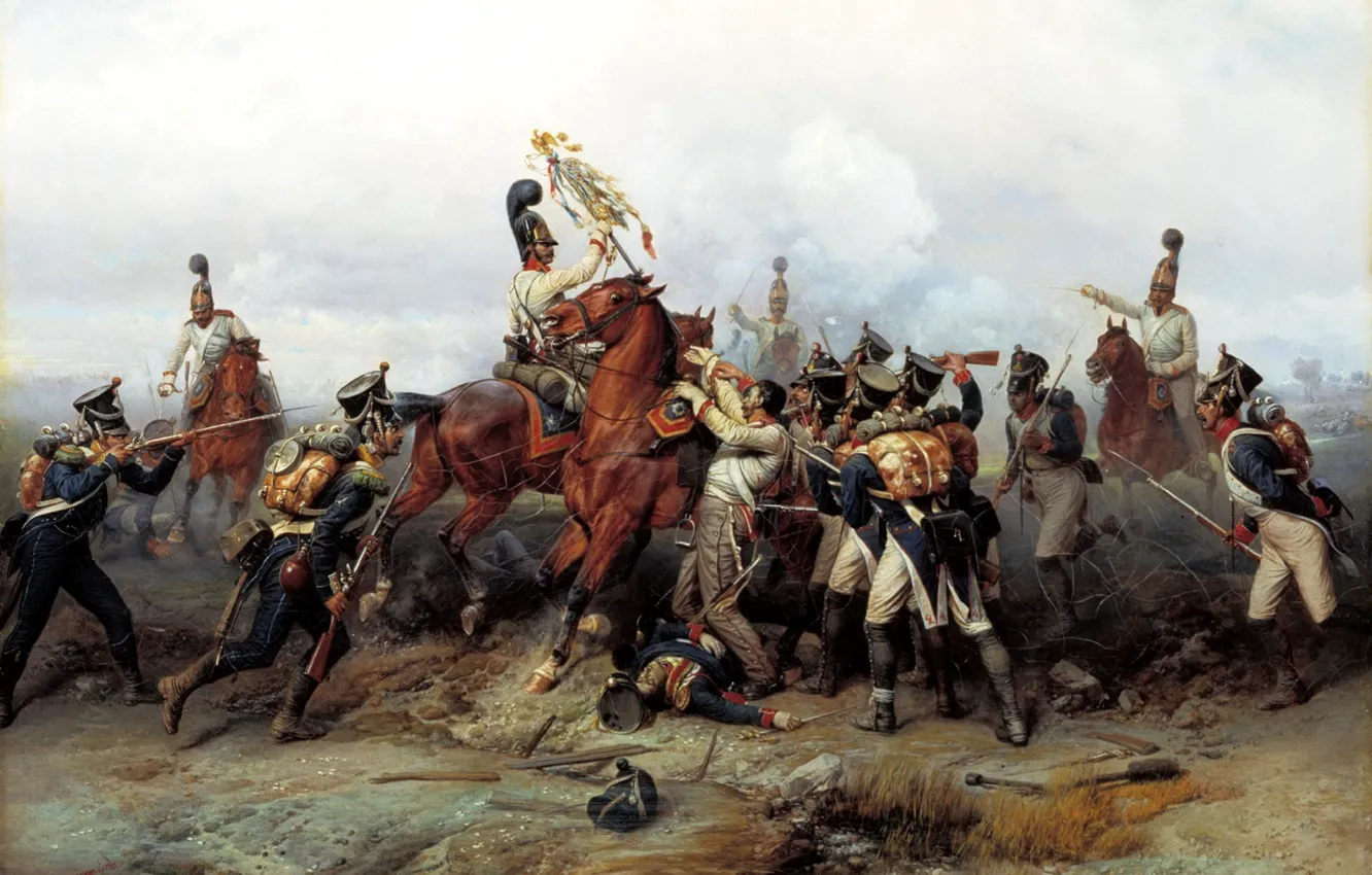 Photo wallpaper people, war, picture, horse, the battle, painting, canvas, Austerlitz, Villevalde Bogdan, 1805, the feat of …
