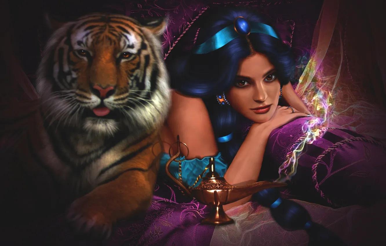 Photo wallpaper girl, tiger, tale, anime, disney, Jasmine, Aladdin (Disney), Aladin, Jasmine (Aladdin)