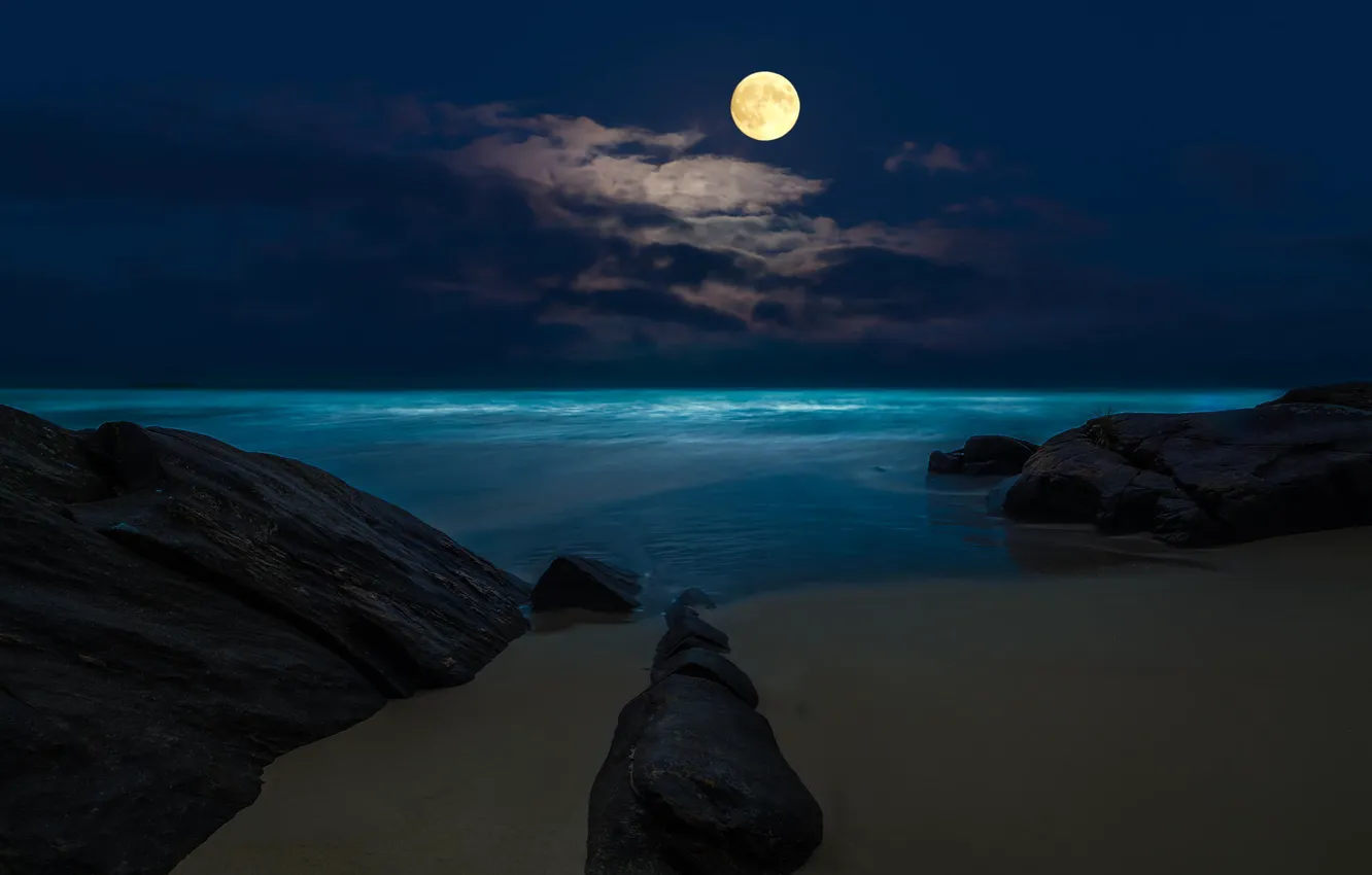 Wallpaper sea, beach, night, rocks, the moon, the full moon images for  desktop, section пейзажи - download