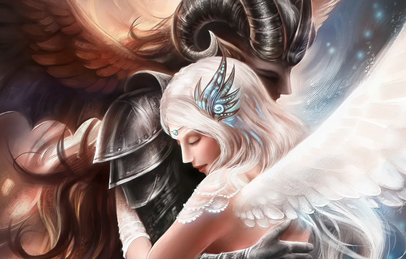 Wallpaper girl, love, angel, the demon, art, hugs, guy images for desktop,  section фантастика - download