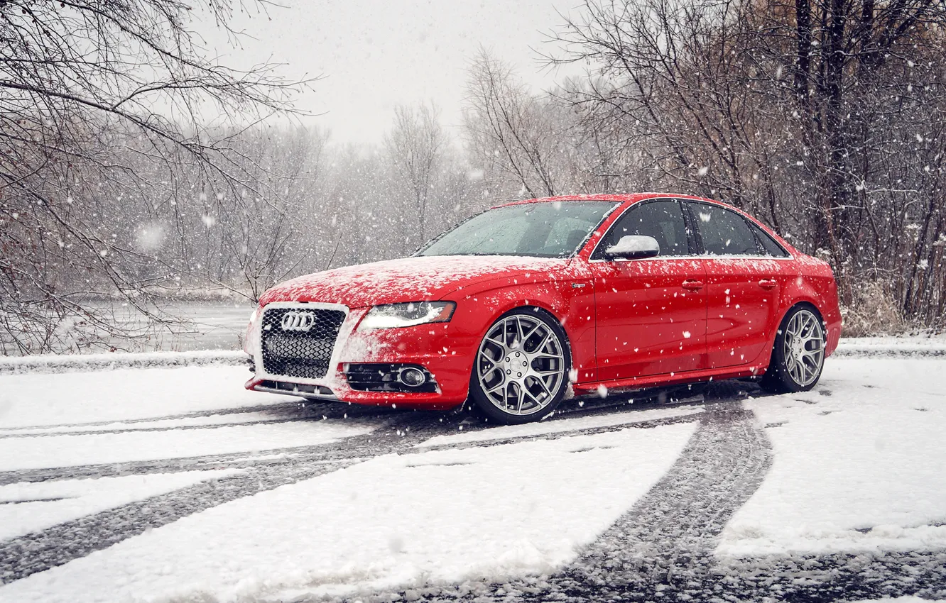 Photo wallpaper winter, snow, Audi, Audi, red, red, winter