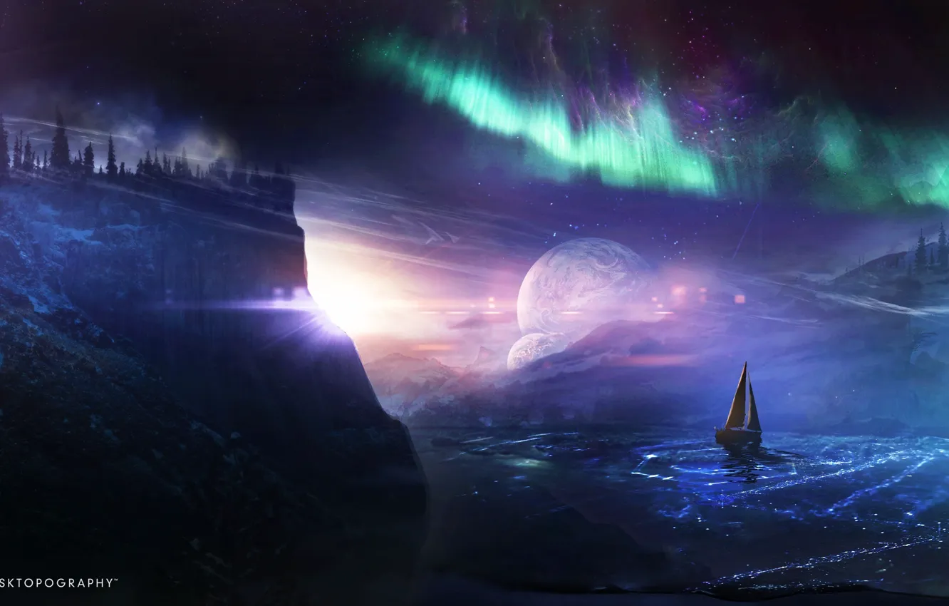 Wallpaper water, ship, planet, glow, Northern lights, desktopography,  dreamworld images for desktop, section фантастика - download