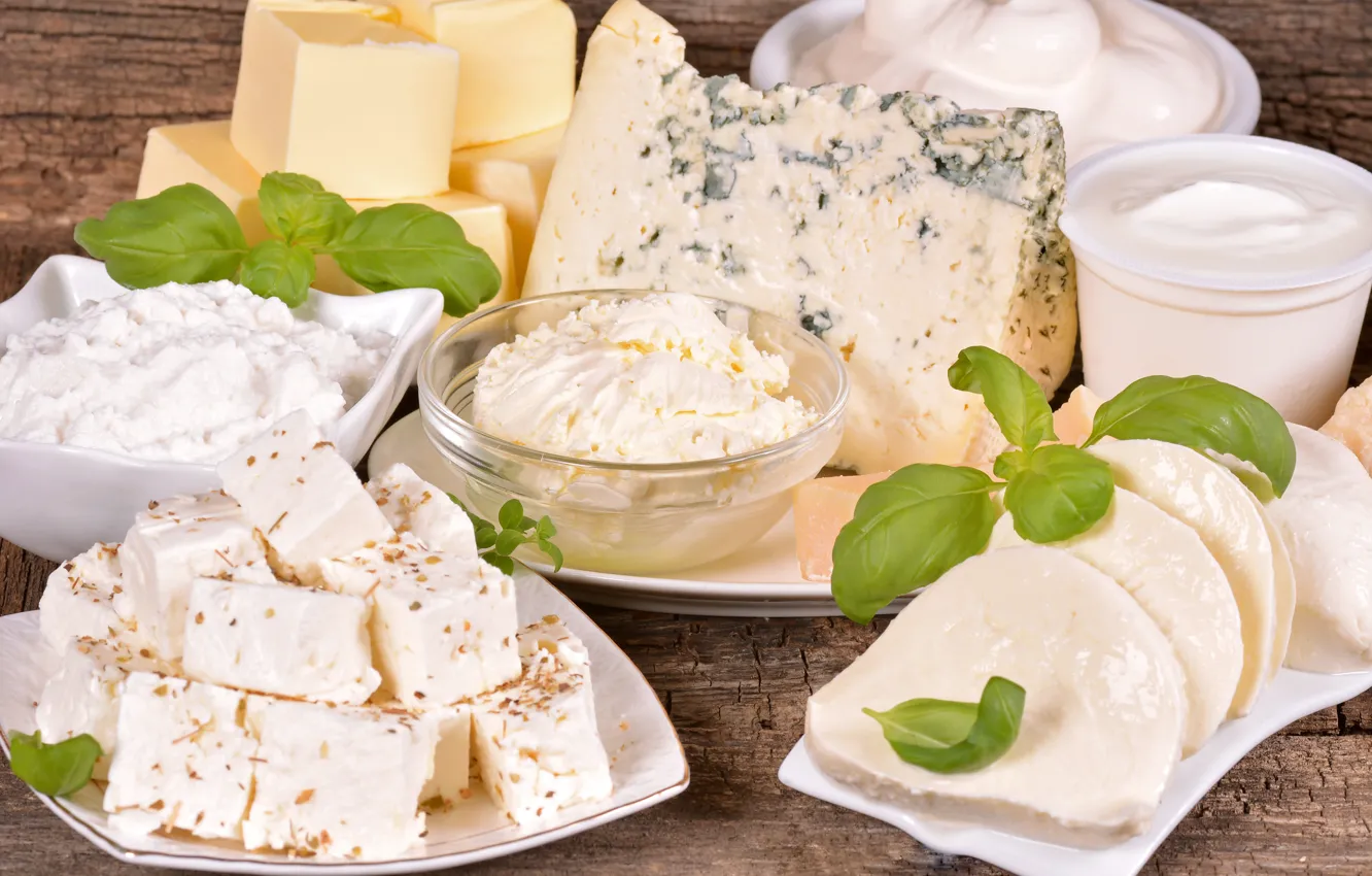 Photo wallpaper greens, cheese, cheese, cheese, sour cream, dairy products,...