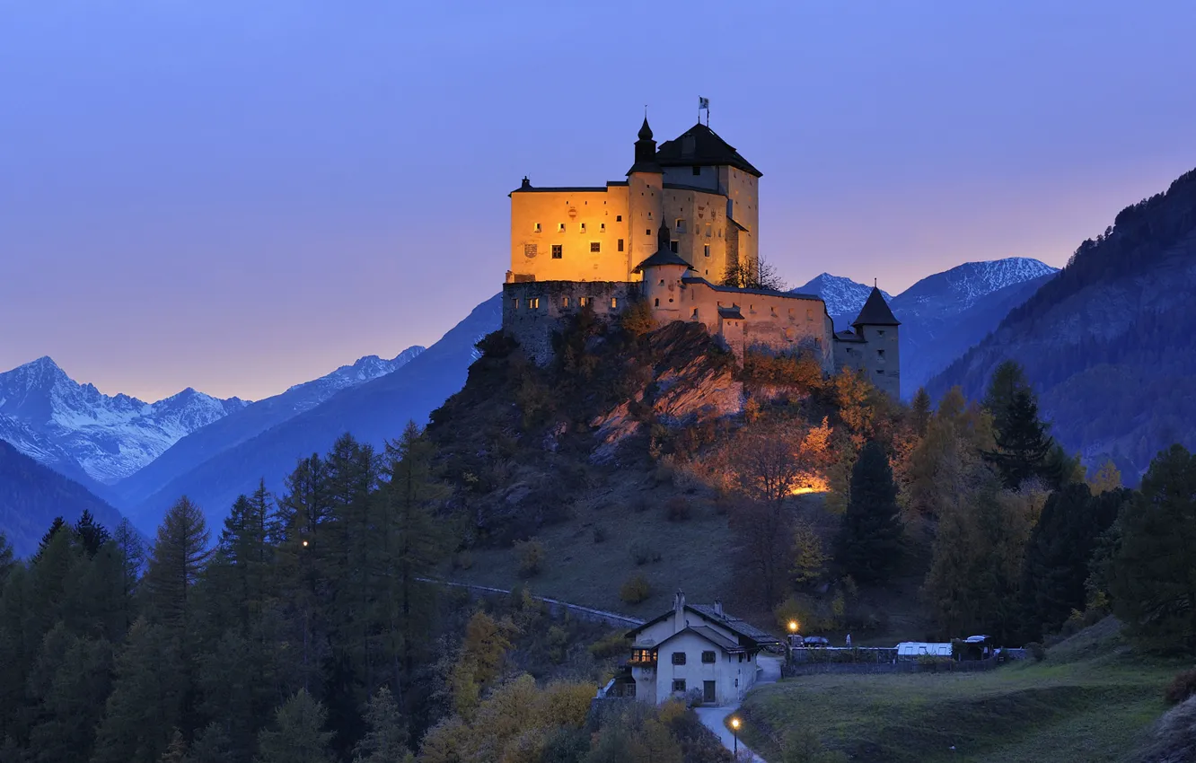 Photo wallpaper castle, the evening, hill, Switzerland, Engadin, Tarasp Castle