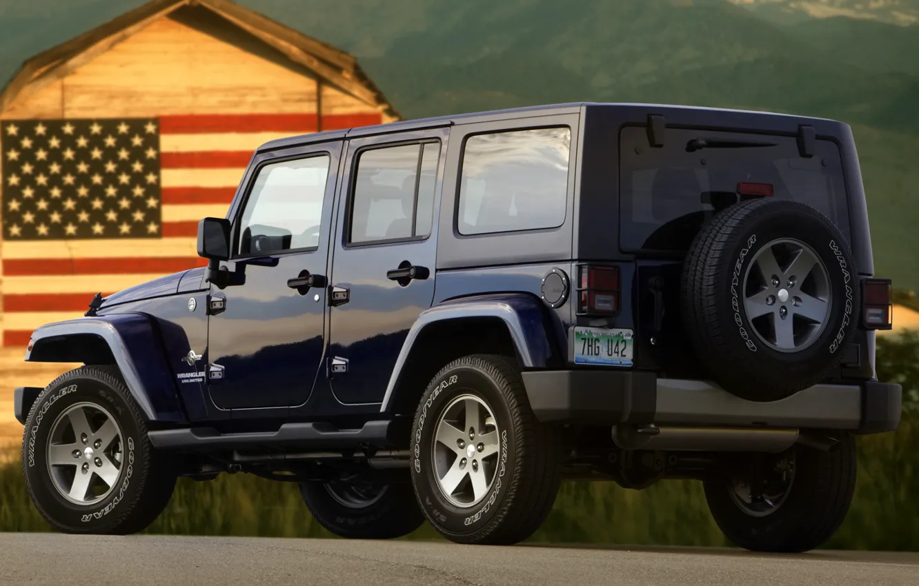 Photo wallpaper SUV, Jeep, rear view, American flag, Freedom, Wrangler, Ringler, Jeep, Anlimited, Unlimited