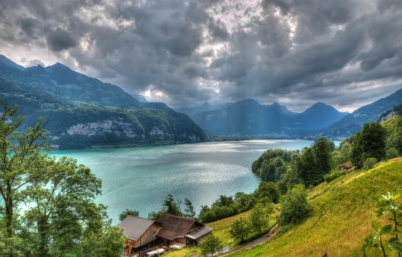 Photo wallpaper clouds, trees, mountains, lake, home, Switzerland, Alps, Switzerland, Alps, the Walensee, Lake Walensee