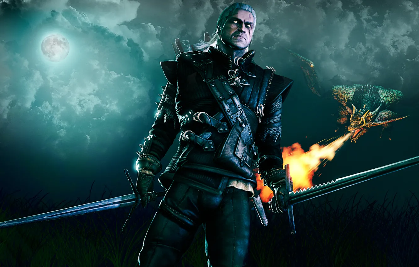 Wallpaper Field The Sky Night Fire The Moon Dragon Hunting The Full Moon Witcher The Witcher 3 Wild Hunt White Wolf Geralt Of Rivia Rivia Images For Desktop Section Igry Download