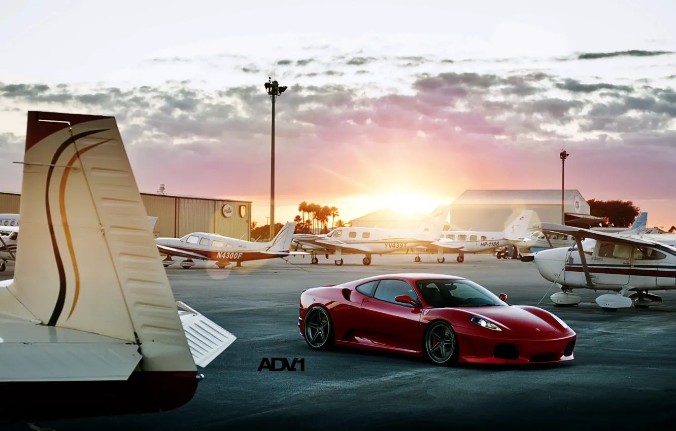 Photo wallpaper the sun, sunset, red, tuning, supercar, ferrari, the airfield, f430, tuning, the front, aircraft, F430, …