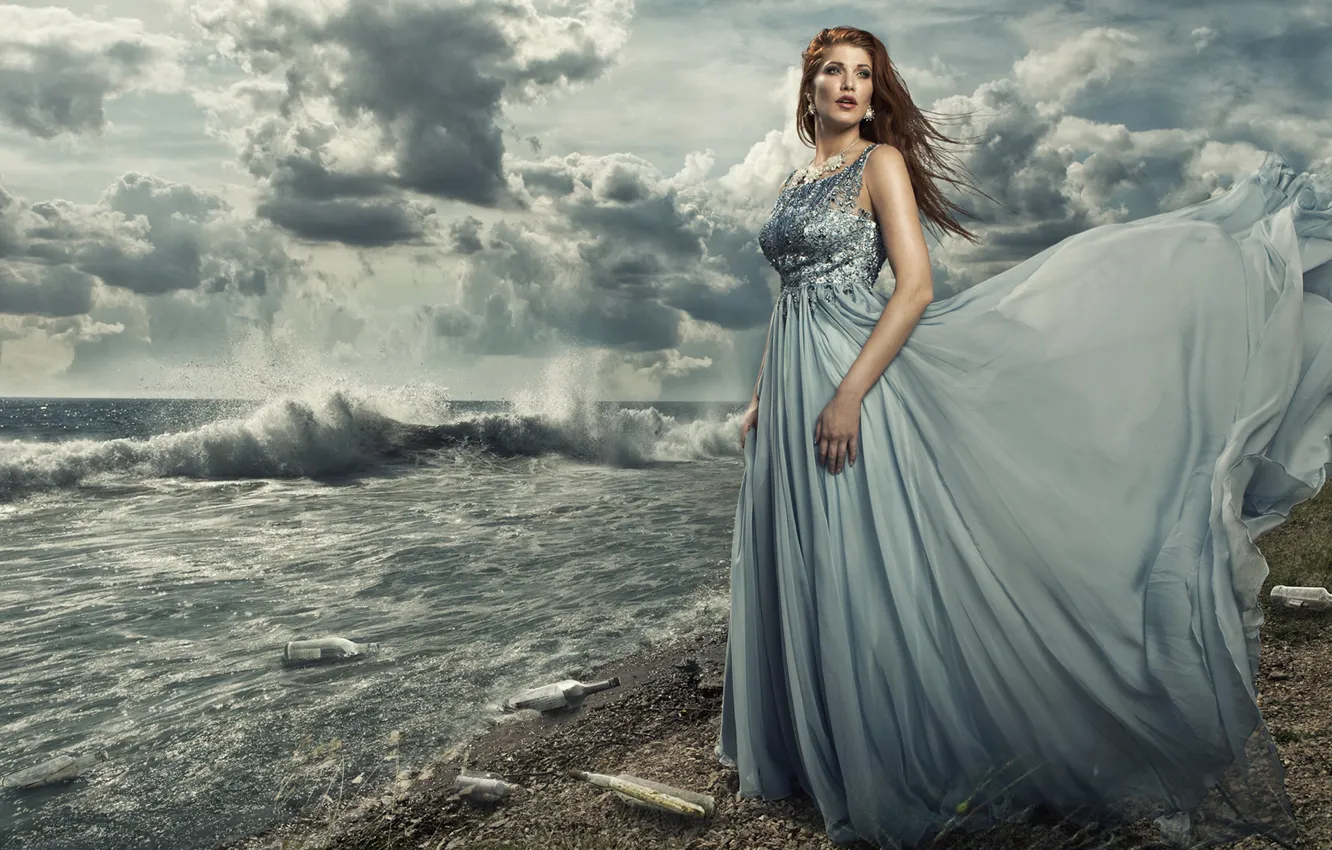 Photo wallpaper sea, clouds, model, wave, the situation, dress, bottle, The...