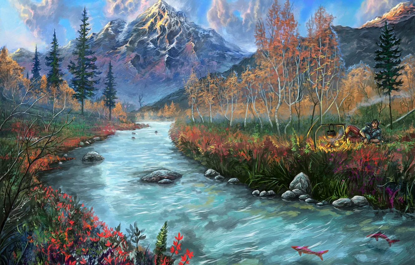 Photo wallpaper fish, mountains, river, stones, people, art, the fire, painted landscape