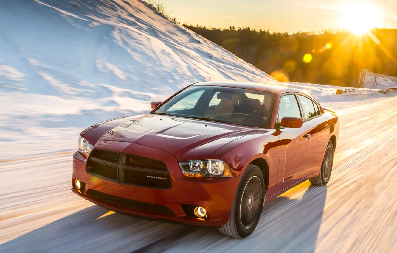 Photo wallpaper road, auto, the sun, snow, Dodge, Charger, Sport, AWD