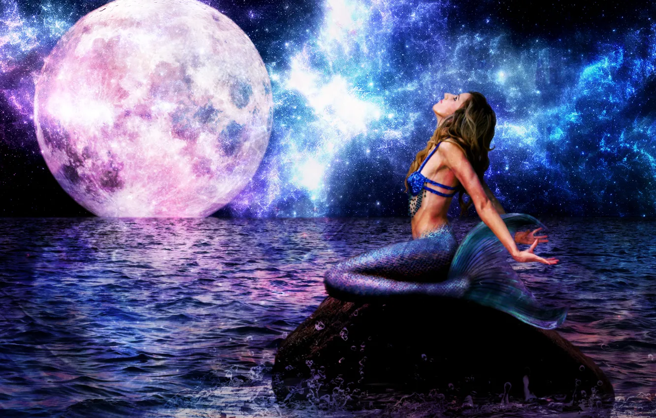 Wallpaper sea, wave, look, girl, night, fiction, mermaid, tail, big moon  images for desktop, section фантастика - download