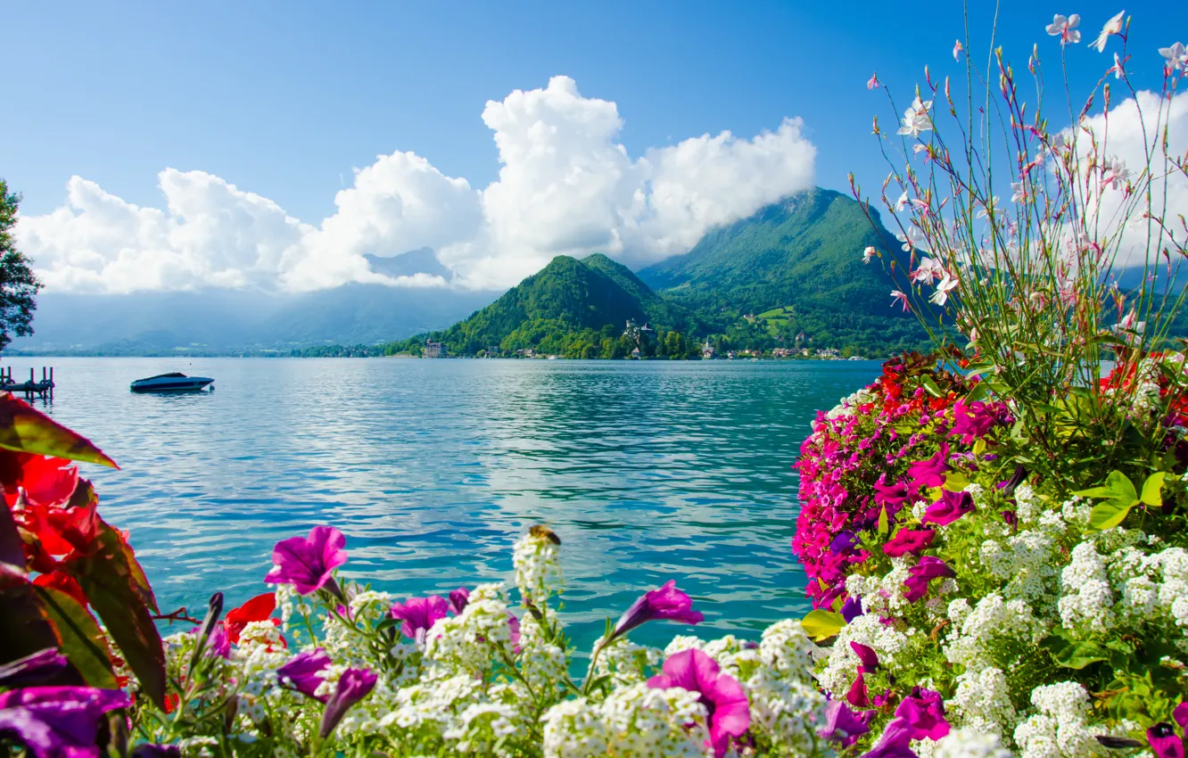 Photo wallpaper sea, the sky, clouds, flowers, mountains, nature, boat