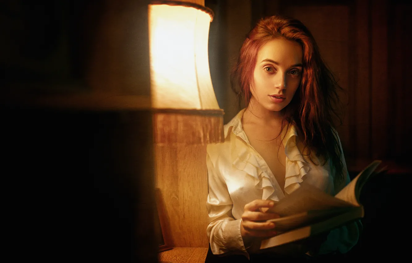 Photo wallpaper Girl, Look, Book, Light, Hair, Blouse, Beautiful, Red, Anastasia Rojf