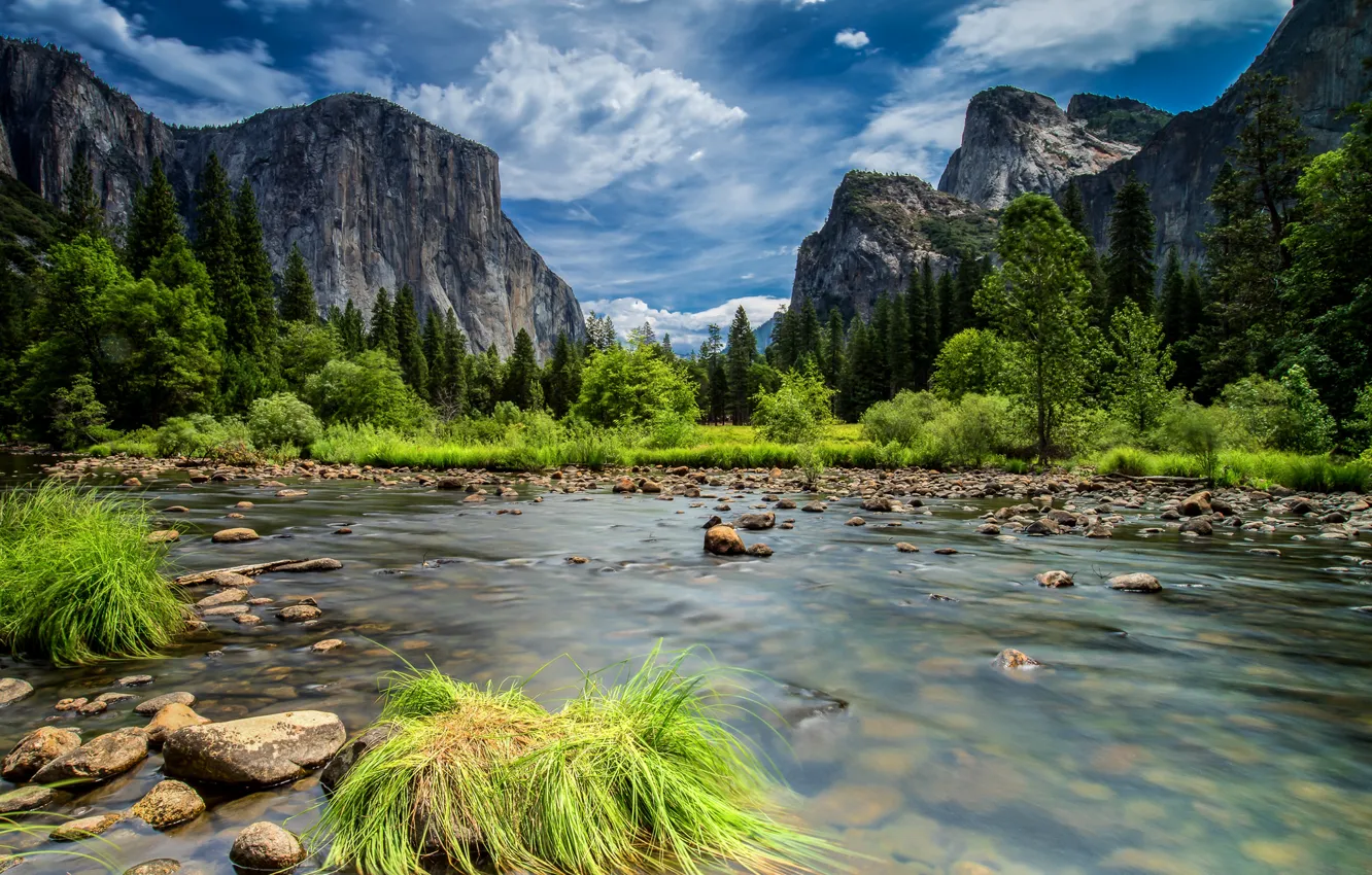 Wallpaper forest, the sky, clouds, trees, mountains, lake, rocks, Yosemite,  National Park, Sierra Nevada images for desktop, section пейзажи - download