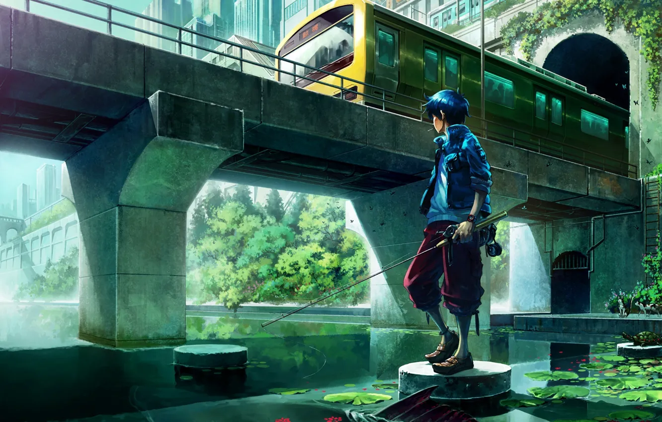 Photo wallpaper bridge, river, train, fisherman, anime, art, guy, rod