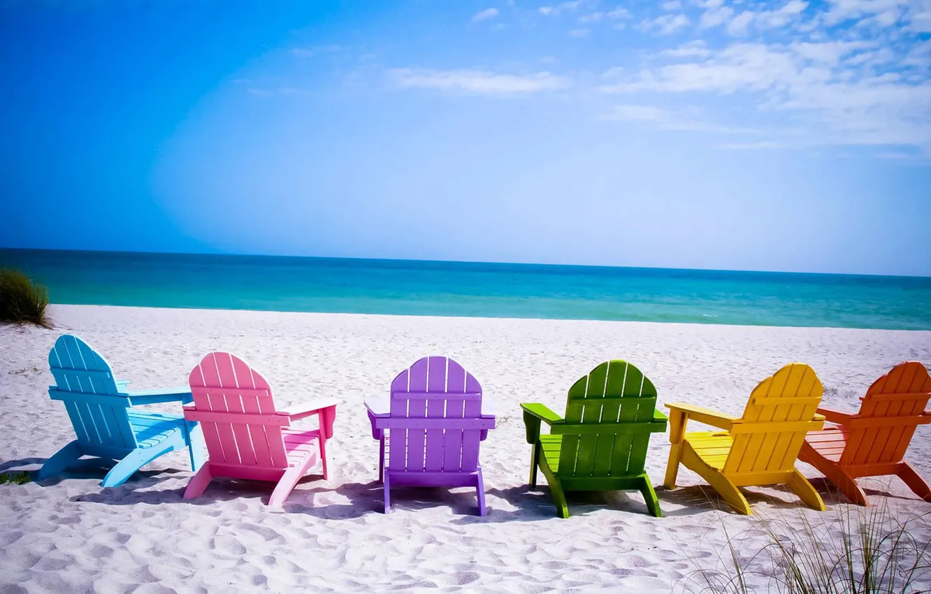 Wallpaper sand, sea, beach, the sky, landscape, color, rainbow, chaise  images for desktop, section природа - download