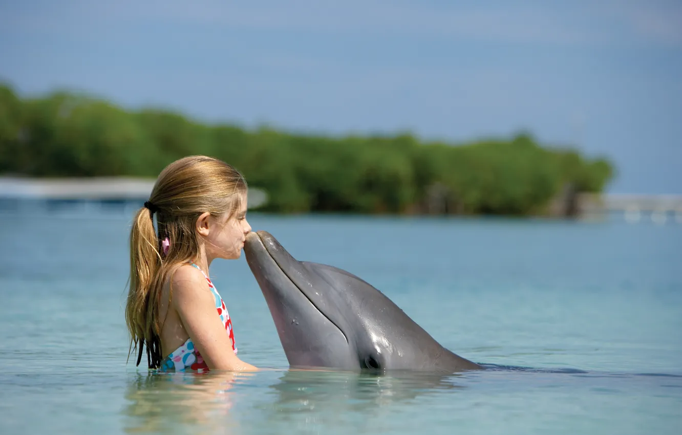 Photo wallpaper Dolphin, the ocean, friendship, child, girl, Bahamas, Paradise Island