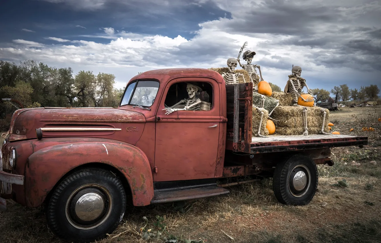Photo wallpaper Ford, Ford, truck, pumpkin, Halloween, Halloween, skeletons, Ghost riders