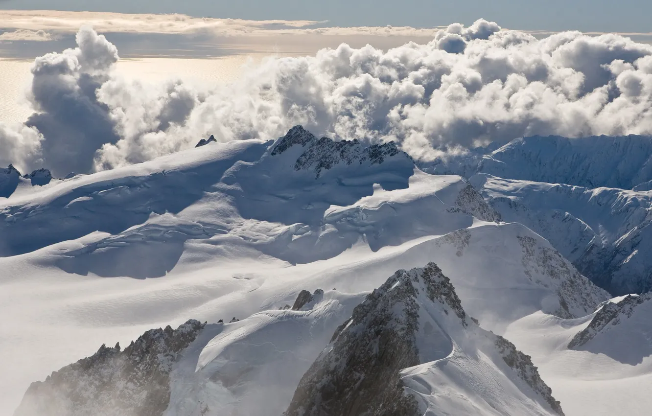 Photo wallpaper clouds, snow, mountains, tops