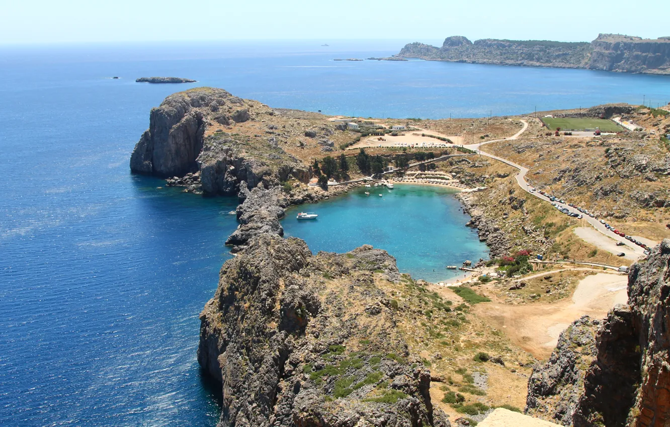 Photo wallpaper sea, water, landscape, blue, nature, blue, view, island, beauty, tale, Bay, Greece, bright, Sunny, Greece, …