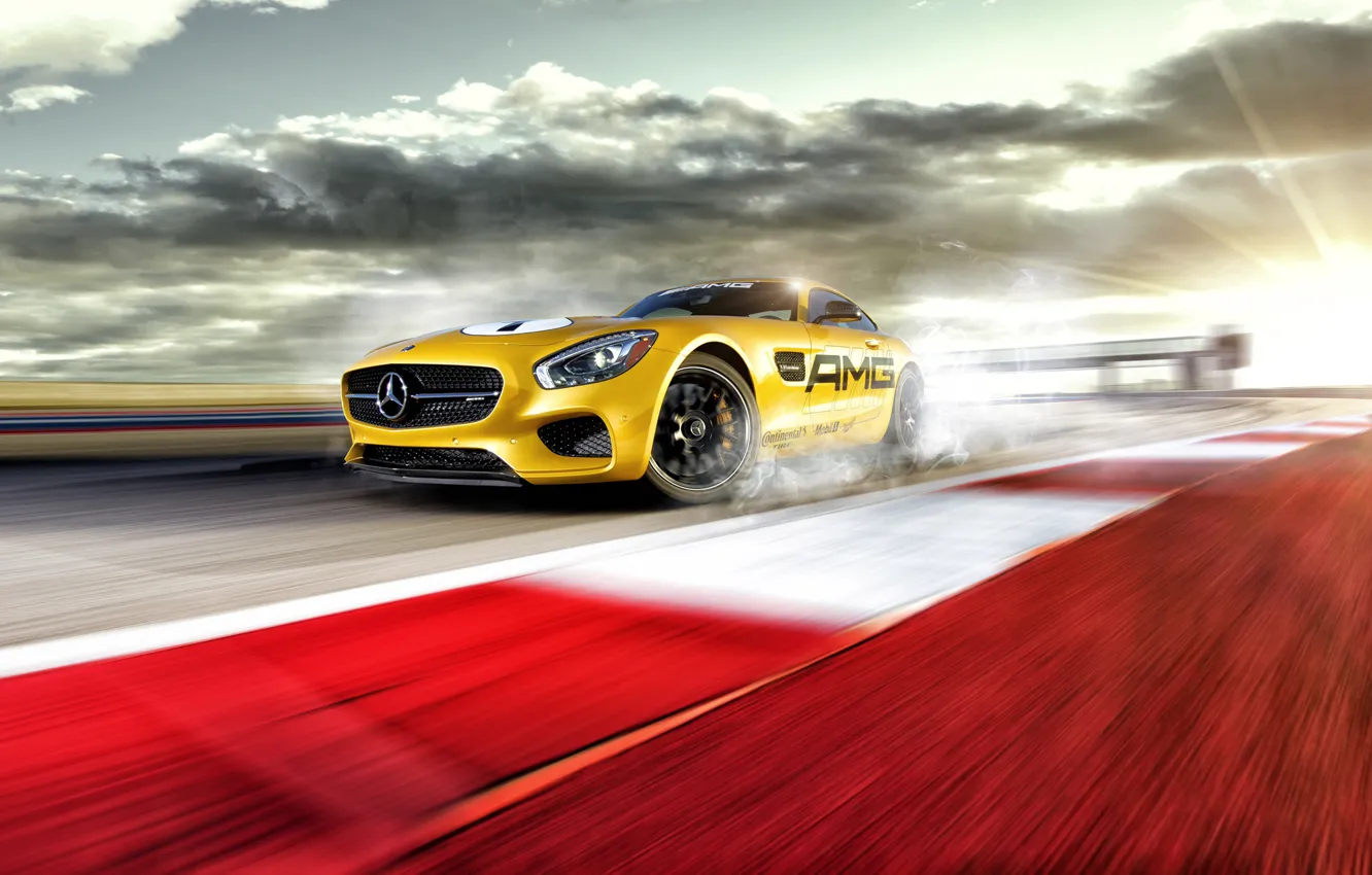 Photo wallpaper Mercedes-Benz, Race, AMG, Yellow, Smoke, Track, Drifting, GT S