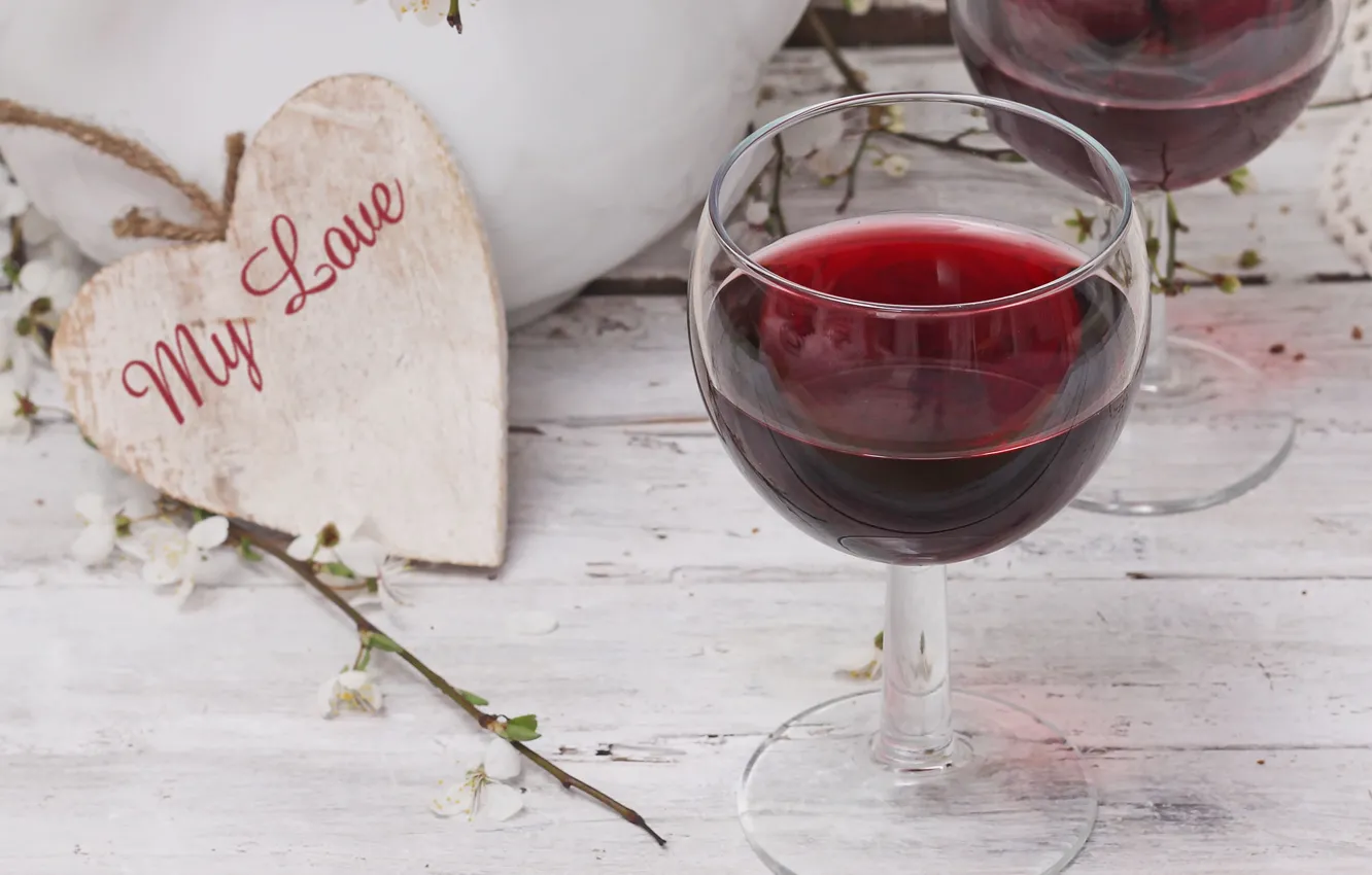Photo wallpaper table, wine, red, glasses, heart