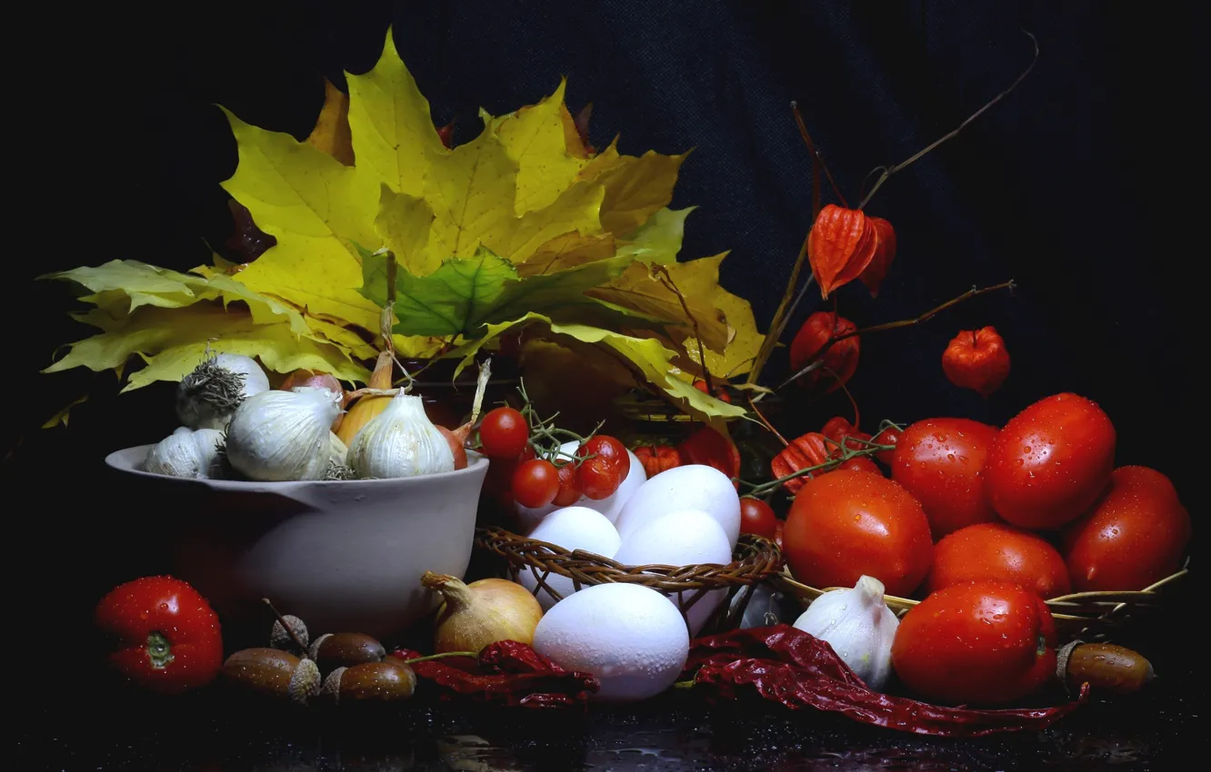 Photo wallpaper autumn, leaves, eggs, harvest, bow, pepper, still life, tomatoes, acorns, garlic