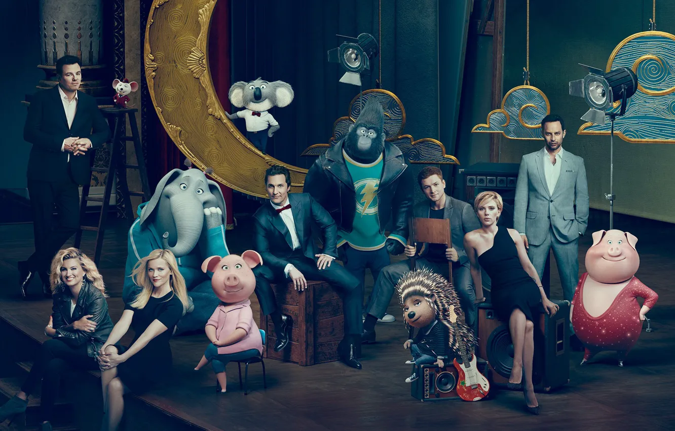 Photo wallpaper Scarlett Johansson, cinema, man, movie, gorilla, Ash, film, elephant, animated film, Johnny, pig, cast, Universal …