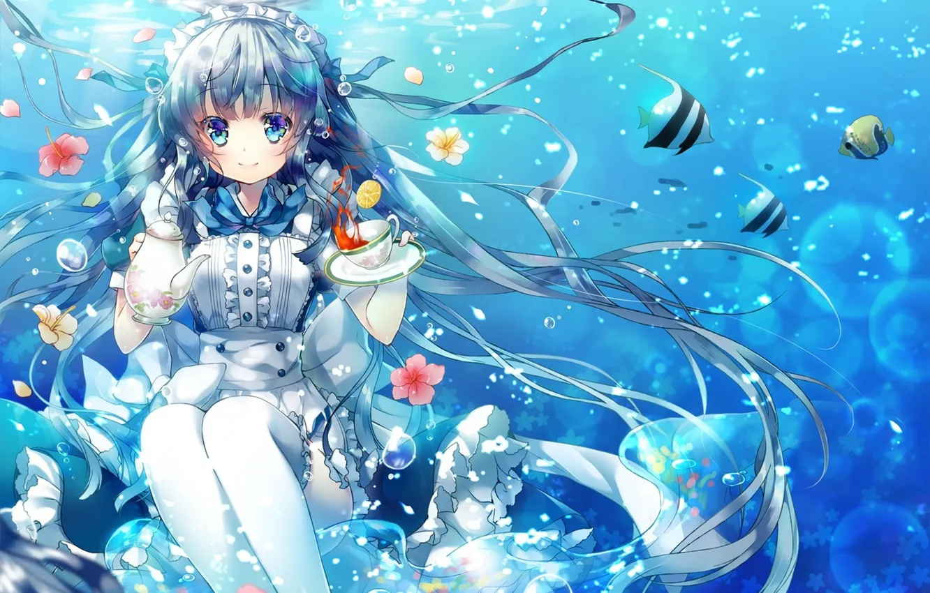 Photo wallpaper girl, fish, flowers, bubbles, tea, anime, art, Cup, under water, saucer, miwabe sakura