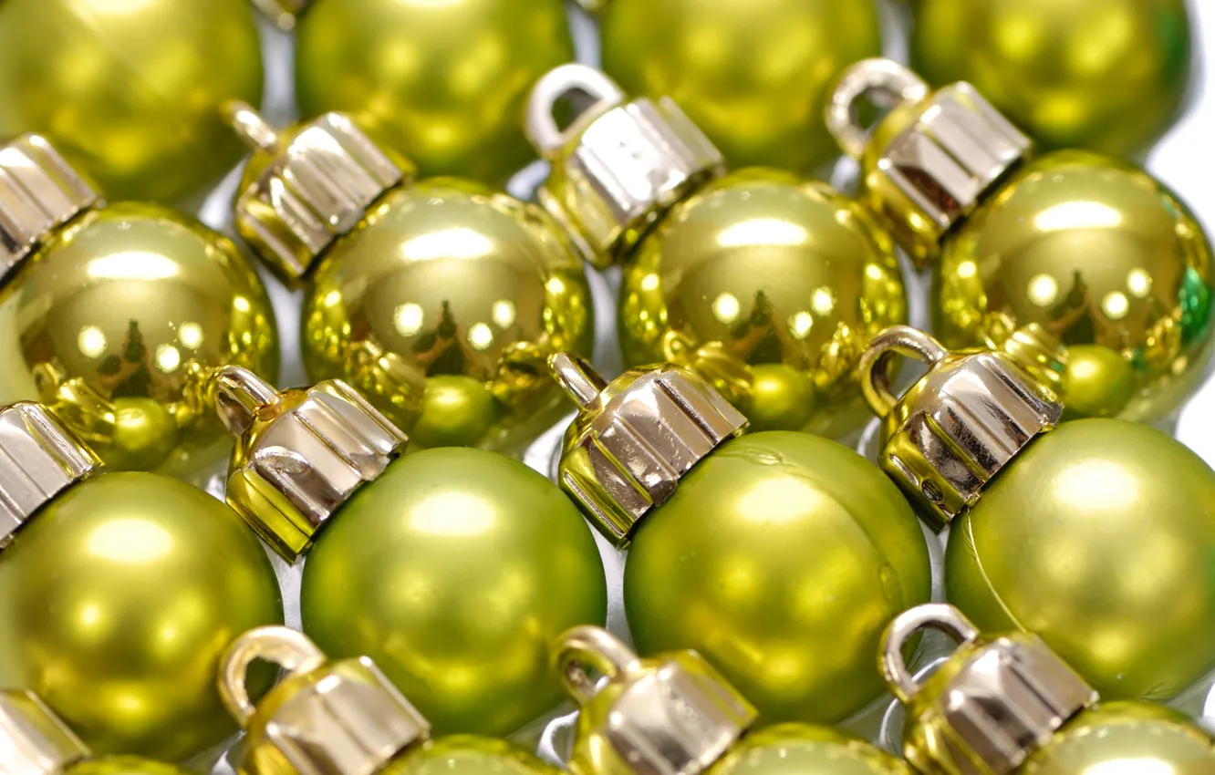 Photo wallpaper balls, decoration, reflection, holiday, balls, Shine, new year, a lot, mirror, Christmas decorations, yellow-green